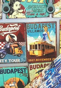 Poster vintage colorati che raffigurano luoghi iconici di Budapest, donne e mezzi di trasporto, con superfici texturate e grafica variegata, prevalentemente nei toni di blu e rosso.
