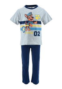 T-shirt en coton gris avec un chien de dessin animé aux rayures bleues et jaunes. Associé à un pantalon en coton bleu marine, tous deux dans une texture douce.