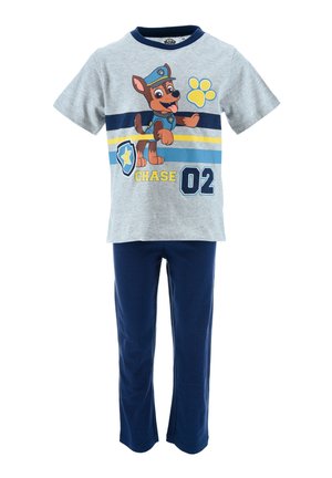T-shirt en coton gris avec un chien de dessin animé aux rayures bleues et jaunes. Associé à un pantalon en coton bleu marine, tous deux dans une texture douce.