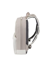 Rucksack in Grau- und Beigetönen, mit glattem Stoff, doppeltem Reißverschluss, gepolsterten Schulterriemen und einer eleganten, abgerundeten Form.