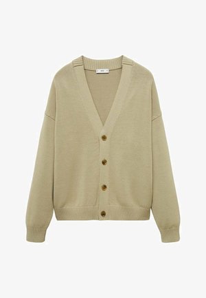 Beige neulecardigan V-pähkinämuotoisella kauluksella, laskettu olkapäät, viisi ruskeaa nappia sekä ribbaus hihan ja helman reunassa. Pehmeä tekstuuri ja rento istuvuus.