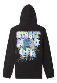 Felpa nera con cappuccio caratterizzata da una stampa grafica colorata con il testo "STREET" e "OFF" insieme a un design di un controller per videogiochi.
