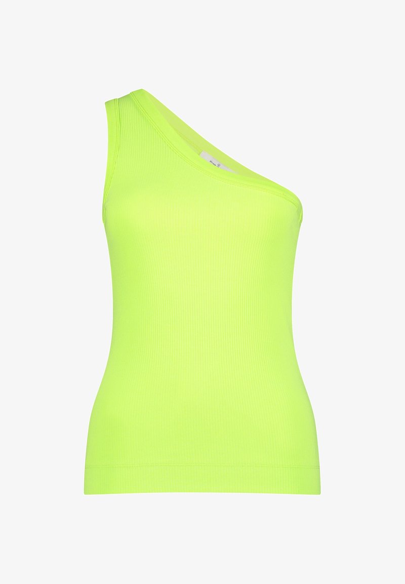 Asymmetrische tanktop met één schouder, gemaakt van geribbeld materiaal in helder neon groen. Strakke pasvorm met een gladde, zachte textuur.