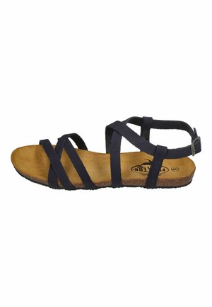 Navy blue sandal made of synthetic material with a cork insole, featuring multiple crisscross straps and an adjustable ankle strap.