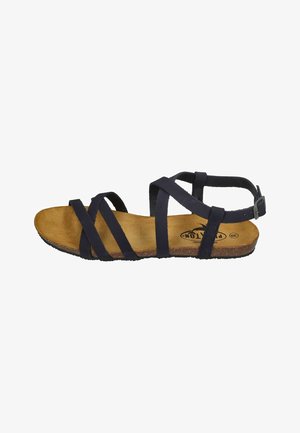 Navy blue sandal made of synthetic material with a cork insole, featuring multiple crisscross straps and an adjustable ankle strap.