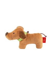 Stuffed dog toy with a soft, light brown exterior, darker brown snout, and a green collar. Features simple facial embroidery and a tail.