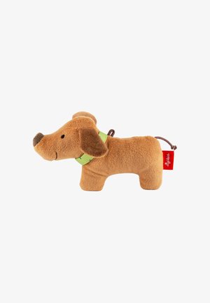 Stuffed dog toy with a soft, light brown exterior, darker brown snout, and a green collar. Features simple facial embroidery and a tail.