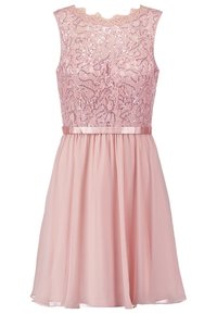 Robe rose avec un corsage en dentelle perlée et un décolleté festonné, présentant une taille ajustée et une jupe fluide en chiffon.