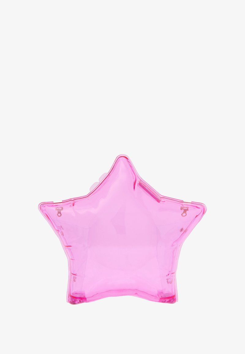 Csillag alakú táska átlátszó rózsaszín műanyagból, fényes felülettel és biztonságos csattal. Különböző apró tárgyakhoz hasznos.