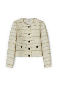 Kermakoloru tweed bleiseri, mis sisaldab ümmargust kaelust, musti nuppe, esikäe taskut ja tekstuuriks horisontaalset triipu.