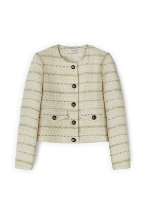 Chaqueta de tweed color crema con cuello redondo, botones negros, un bolsillo frontal y rayas horizontales para textura.