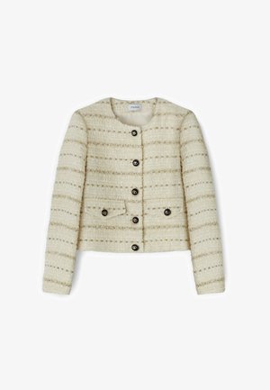 Giacca di tweed color crema che presenta un colletto rotondo, bottoni neri, una tasca frontale e righe orizzontali per texture.