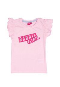 Light pink girl's t-shirt with ruffled short sleeves and "BARBIE GIRL" text in bold pink and white lettering on the front.