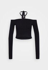 Top nero a coste, con scollo a spalle scoperte e maniche lunghe, di lunghezza cropped e con bretelle incrociate sul retro. Realizzato in un materiale morbido ed elastico.