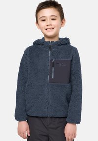 Dunkelblaue Fleece-Hoodie mit einer strukturierten, flauschigen Oberfläche, einer Fronttasche mit Reißverschluss aus kontrastierendem Material und einer passgenauen Kapuze.