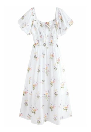 Weißes Midikleid mit gepufften kurzen Ärmeln, tailliert, Blumenmuster in Pastellfarben und einer kleinen vorne gebundenen Schleife am eckigen Ausschnitt.