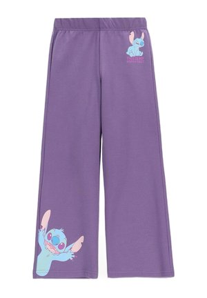 Fioletowe spodnie o szerokich nogawkach z grafiką postaci Stitch na górnej prawej udzie i dolnej lewej nodze, z napisem „This is my happy face.”