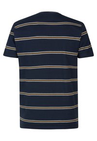 Marinblå kortärmad t-shirt med horisontella ränder i vitt och senapsgult. Tillverkad av bomull, har den rundad halsringning och rak passform.