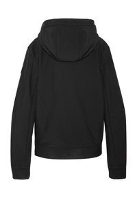 Sudadera negra con capucha, de tela suave y corte regular. Presenta una capucha, mangas largas y puños acanalados. Sin marcas ni patrones visibles.