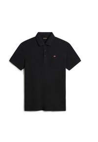 Polo shirt nera in cotone, con colletto, patta con tre bottoni, maniche corte e un piccolo logo ricamato sul petto.