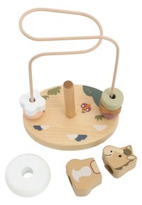 Wooden activity toy with a circular base, a central post, and colorful geometric blocks featuring animal and floral designs. Includes a white ring.