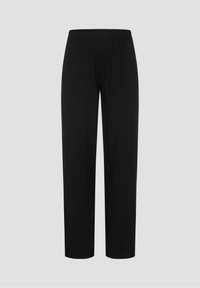 Zwarte broek met elastische taille en rechte pijpen, gemaakt van zacht, lichtgewicht stof. Zonder patronen of metalen details.