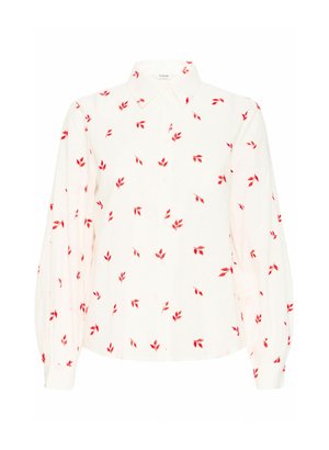 Weißes Langarmhemd mit Button-Down-Kragen, das mit einem Muster kleiner roter Blätter versehen ist. Weicher Stoff und lässige Passform.