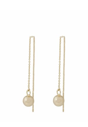 Gold chain threader earrings with small smooth gold spheres hanging near the ends against a white background.