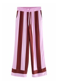 Breddebenede bukser med skiftende lodrette striber i pink og brun, elastisk talje med snor og sidelommer. Glat tekstur.