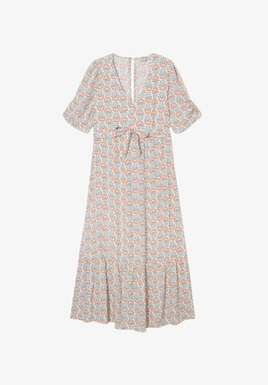 Floral-patterned dress in light blue with orange and white accents, featuring a v-neck, short puff sleeves, and a tie waist. Flared hem.