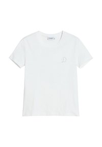 Weißes Baumwoll-T-Shirt mit rundem Ausschnitt und kurzen Ärmeln. Zeigt ein kleines, gepunktetes „D“ auf der linken Brustseite.