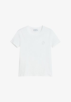 T-shirt in cotone bianco con scollatura rotonda e maniche corte. Mostra una piccola lettera "D" puntinata sul lato sinistro del petto.