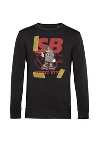 Černá mikina s dlouhým rukávem s kreslenou postavičkou na skateboardu a barevným nápisem "ISB TWENTY FIVE STREET STYLE" a akcenty ze pásky.