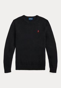 Schwarzer Pullover mit langen Ärmeln und Rundhalsausschnitt, mit gerippten Bündchen und Saum, mit kleinem rotem Polo Ralph Lauren-Logo auf der linken Brust.