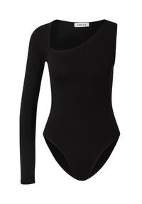 Zwarte lange mouwen bodysuit met asymmetrische halslijn en hoge beenopeningen, gemaakt van soepele, rekbare stof.