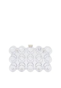 Gennemsigtig akryl clutch-taske med runde, boble-lignende detaljer. Spænde lukning øverst. Glat tekstur, rektangulær form.