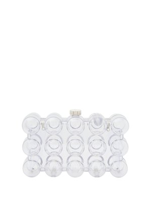 Gennemsigtig akryl clutch-taske med runde, boble-lignende detaljer. Spænde lukning øverst. Glat tekstur, rektangulær form.