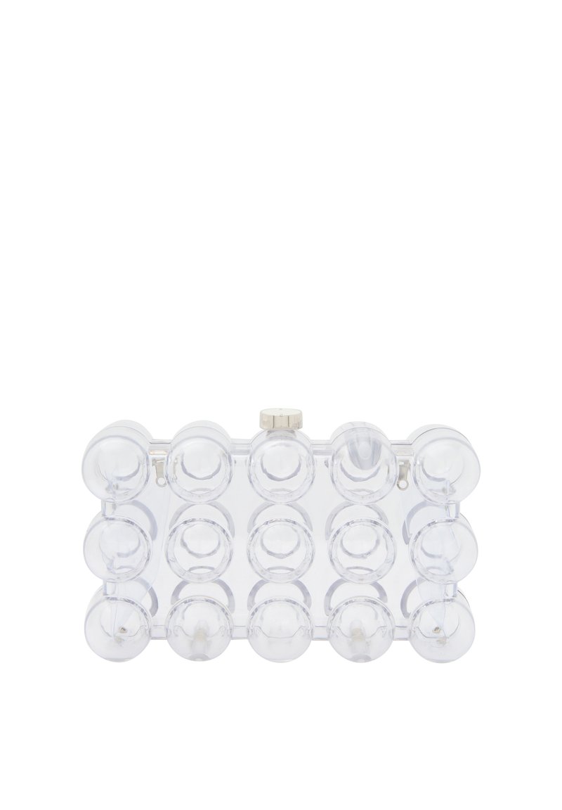 Gennemsigtig akryl clutch-taske med runde, boble-lignende detaljer. Spænde lukning øverst. Glat tekstur, rektangulær form.