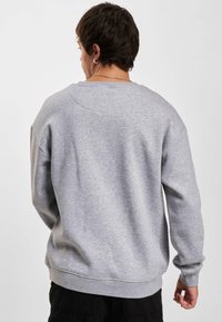 Gray cotton sweatshirt featuring a crew neck, dropped shoulders, and ribbed cuffs. The back has a smooth texture with minimal stitching details.