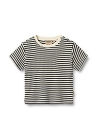 T-shirt à manches courtes rayé en noir et crème, fabriqué en tissu côtelé, avec un col rond et des détails de boutons sur le côté.