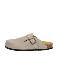 Beige suede clogs with an adjustable buckle, open back, and a contoured cork footbed, featuring a textured black rubber sole.