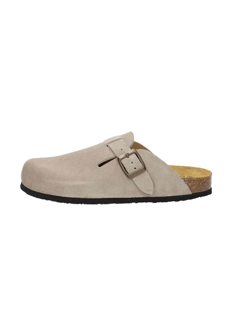 Beige suede clogs with an adjustable buckle, open back, and a contoured cork footbed, featuring a textured black rubber sole.