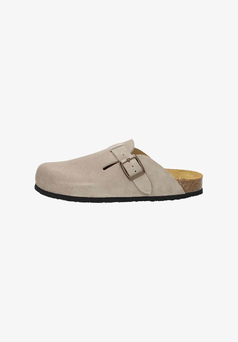 Beige suede clogs with an adjustable buckle, open back, and a contoured cork footbed, featuring a textured black rubber sole.