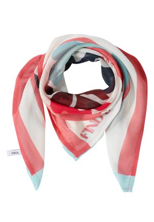 Écharpe légère pliée en boucle, présentant des motifs abstraits rouges, blancs, bleus et noirs avec une petite étiquette de marque « Cecil » visible.