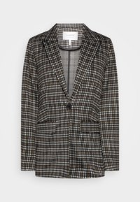 Hnědý, černý a bílý kostkovaný blazer s výstřihy, jediným černým knoflíkem pro zapínání a dvěma předními klopovými kapsami, velikost 36.