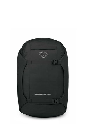 Zaino Osprey Sojourn Porter 65 in nero, con una forma rettangolare elegante, tessuto resistente e spallacci regolabili con chiusure a fibbia.