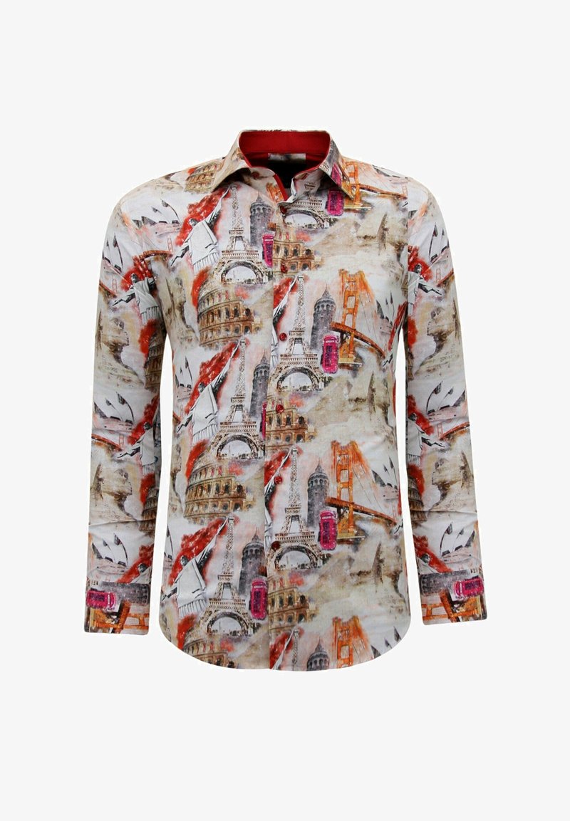 Wit shirt met lange mouwen met een bedrukt ontwerp van beroemde bezienswaardigheden, in de kleuren rood, oranje en bruin. Button-down kraagstijl.