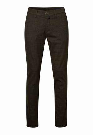 Bruine geruite broeken met een op maat gemaakte pasvorm, voorzien van een zachte textuur en een voorknopsluiting. Inclusief zakken en riemlussen.