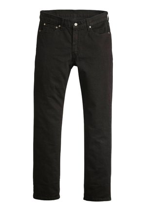 Black denim jeans with a straight fit, five-pocket design, metal button closure, and subtle stitching details. Smooth texture.