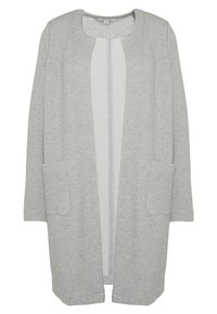 Šedý pletený cardigan s texturovaným vzorem, otevřeným předním dílem, širokými rukávy a dvěma předními kapsami. Vyroben z lehké, prodyšné látky.